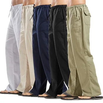 Мужские хлопчатобумажные льняные брюки свободные повседневные однотонные брюки с карманами мужские летние дышащие льняные брюки с эластичным поясом плюс размер