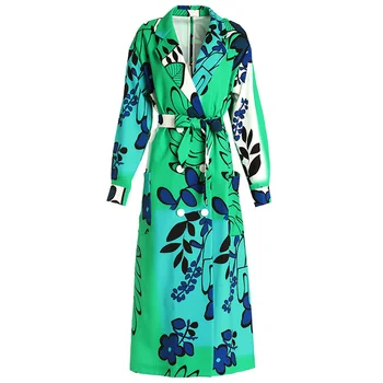 Женский модный тренч, ветровка с принтом, Длинная зеленая повседневная уличная одежда, осенняя женская
