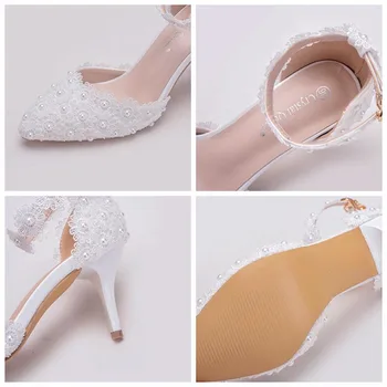 свадебные туфли невесты, белые свадебные туфли, женские туфли-лодочки на высоком каблуке с ремешком на щиколотке, женская обувь со стразами, кружевная обувь на высоком каблуке для вечеринки #42
