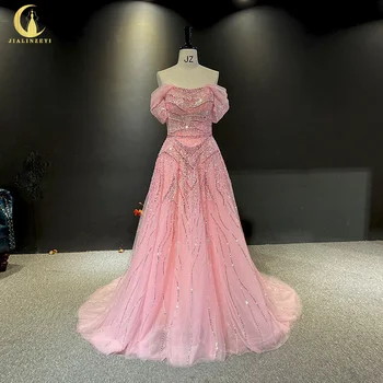 3065Rhine Настоящие вечерние платья с открытыми плечами из розового хрусталя А-силуэта obes de soirée, vestidos de gala
