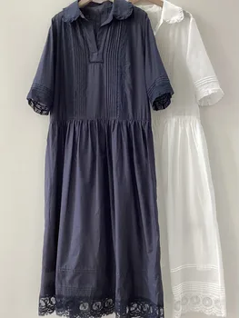 Женское свободное 2-цветное платье миди с кружевной отстрочкой, коротким рукавом и воротником-стойкой Peter Pant