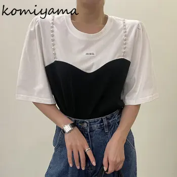 Komiyama Hit Color Fake Two Y2k Топы Летние лоскутные жемчужные футболки Свободная футболка с круглым вырезом и коротким рукавом Корейская мода Ropa Mujer