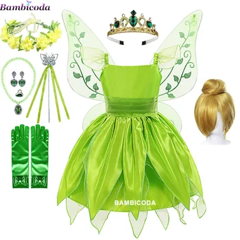 Костюм Динь-динь для девочек, детский костюм на Хэллоуин, зеленое маскарадное платье Сказочной принцессы, платья для косплея, платье Эльфийской феи с крыльями