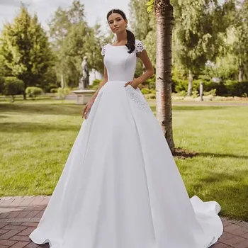 Msikoods Атласное свадебное платье трапециевидной формы с длинными рукавами и карманами, кружевные аппликации на спине, свадебное платье для невесты