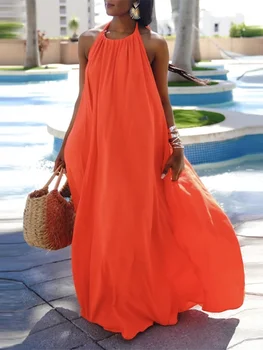Женское свободное платье Lemongor без рукавов, однотонное, с коротким вырезом, летнее Пляжное платье Макси с открытой спиной, новинка 2023 года