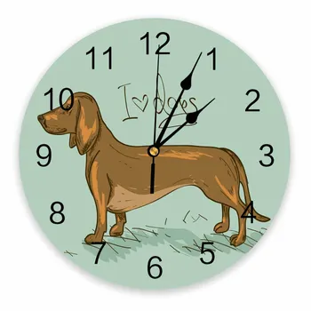 Декоративная Круглая настенная часы с изображением собаки Таксы Дизайн с арабскими цифрами, не тикающие Настенные часы, большие для спальни, ванной комнаты