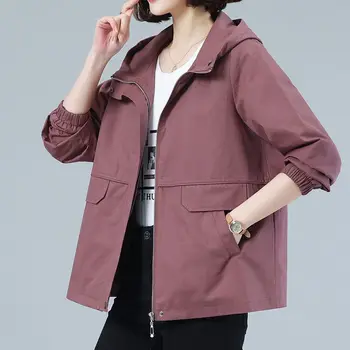 Весенне-осеннее женское пальто 2023, новая модная куртка с капюшоном на молнии со свободным карманом, повседневный однотонный топ с капюшоном фиолетового цвета