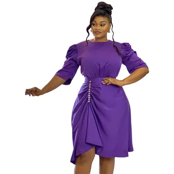 Африканские платья для женщин, элегантное летнее Африканское платье с коротким рукавом из фиолетово-красного полиэстера длиной до колен, Африканская одежда для женщин