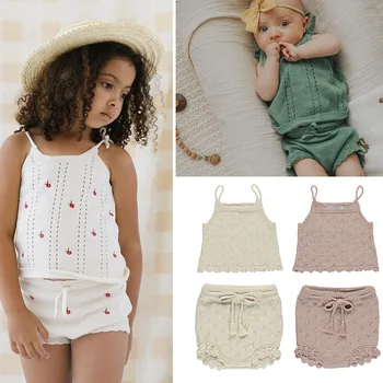 Комплекты летней трикотажной одежды EnkeliBB для маленьких девочек, милый фирменный дизайн, жилетка-слинг для малышей и шаровары, подходящие по цвету комбинезоны Bebe
