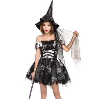 Бесплатная доставка, платье для косплея черной ведьмы на Хэллоуин для взрослых женщин, платье для косплея Magic Moment со шляпой