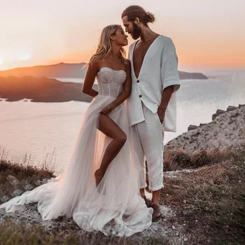 Легкое и красивое пляжное свадебное платье трапециевидной формы с струящимся силуэтом, пляжное свадебное платье с высоким разрезом