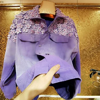 Роскошная осенняя куртка heavy industry dreamy taro фиолетового градиента с объемными цветами, расшитая бисером