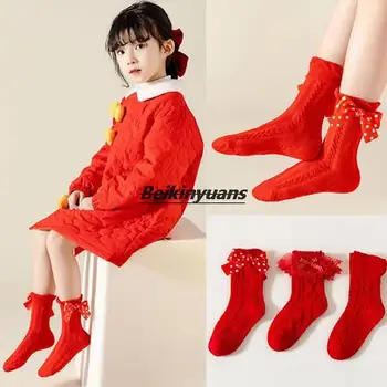 Новогодние носки большие красные осенне-зимние новые детские носки для девочек носки с бантом для девочек детские хлопчатобумажные носки