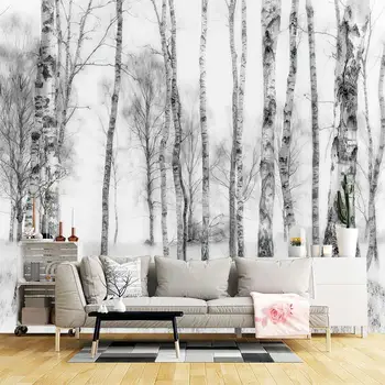 Ручная роспись черно-белого леса, белая береза, спальня с 3D-дизайном по индивидуальному заказу, гостиная, диван, фоновая стена для телевизора, фреска, стена