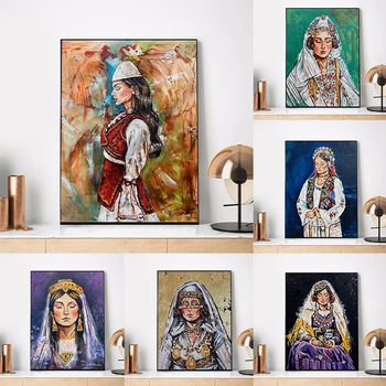 Традиционный костюм албанской женщины Холст Картина маслом Граффити Портрет девушки Плакат Настенные художественные картины Домашний декор комнаты