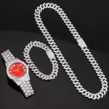 2023 Ожерелье + Часы + Браслет Хип-Хоп Кубинская Цепочка Золотого Цвета, Покрытое Льдом, Проложенное Стразами Ожерелье для Мужчин, Африканский Ювелирный Набор