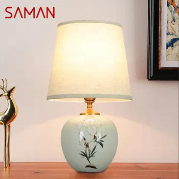 Керамические настольные лампы SAMAN в китайском стиле для прикроватных тумбочек Современный Белый светодиодный светильник с затемнением для домашнего декора гостиной спальни