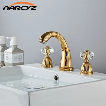 Смесители для раковины из золотой латуни, Современный смеситель для раковины в ванной, двойной С ручкой для сверления, смесители для умывальника на 3 отверстия XR8260