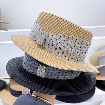 Маленькая свежая фата в горошек, лента, плоский цилиндр, женская летняя Солнцезащитная соломенная шляпа с козырьком, соломенная шляпа со стразами, пряжка, Приморская пляжная шляпа