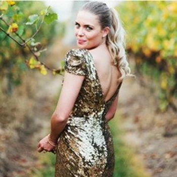 2015 Сшитые на заказ платья подружек невесты из розового золота линии A с коротким рукавом, вечернее платье Плюс размер, длинные платья подружек невесты с V-образным вырезом сзади