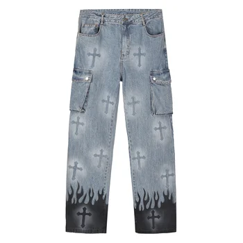 Мужская Джинсовая уличная одежда в стиле Харадзюку в стиле хип-хоп, джинсы с перекрестными цветными блоками, повседневные брюки, джоггеры, брюки с множеством карманов