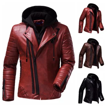 Мужские куртки из искусственной кожи с флисовой подкладкой, пальто с капюшоном, осенне-зимняя повседневная мотоциклетная куртка для мужчин, ветровка, байкерские куртки