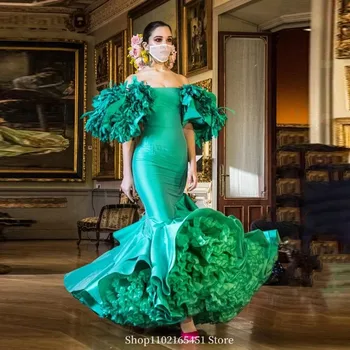 Изумрудно-зеленые платья русалки для выпускного вечера с рукавами и оборками, многоуровневая юбка, вечерние платья в стиле ретро-дворца Фламенка, вечерние платья для официальных вечеринок