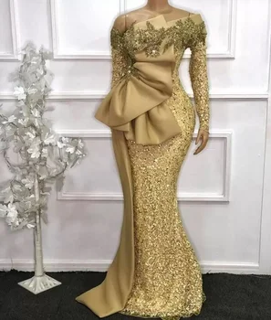 2023 Вечерние платья Русалки с золотым кружевом в Африканском стиле, большие размеры, Блестящие Золотые пайетки, Длинные рукава, расшитые бисером Вечерние платья для выпускного вечера