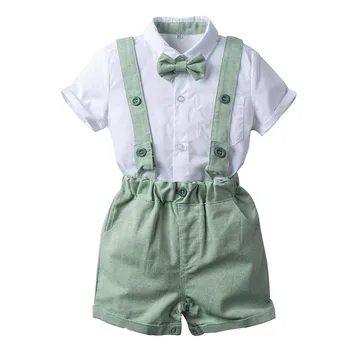 Повседневная летняя одежда для маленьких мальчиков, детский зеленый хлопковый костюм из 3 предметов, однотонная футболка, Комбинезон с бантом, модная повседневная одежда для малышей