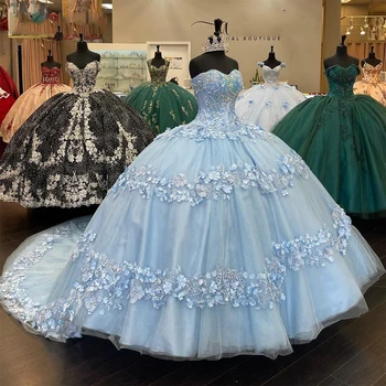 ANGELSBRIDEP Светло-голубые пышные платья в цветочек с кружевной аппликацией Vestidos De 15 Anos для официального дня рождения, выпускного вечера, бального платья