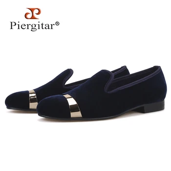 Piergitar, новый стиль, мужские темно-синие бархатные туфли ручной работы с золотым металлом на носке, модные мужские лоферы для вечеринок, свадеб и банкетов