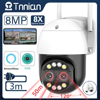 Tnnian 4K 8-мегапиксельная двухобъективная WIFI камера наблюдения AI Human Tracking с 8-кратным зумом Наружная водонепроницаемая PTZ IP-камера CCTV iCSee Alexa