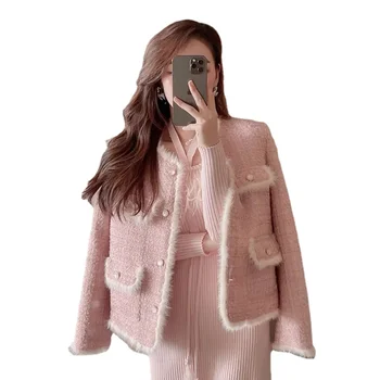 2023 Новая Корейская твидовая куртка в клетку с розовым сплайсированным мехом, женское элегантное короткое пальто с круглым вырезом, Винтажная куртка с длинным рукавом Chaqueta Mujer