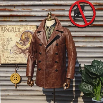 Двубортное пальто из натуральной овечьей кожи элитного бренда real Navy 740.Винтажная коричневая куртка из воловьей кожи.качественная мужская тонкая кожаная ткань