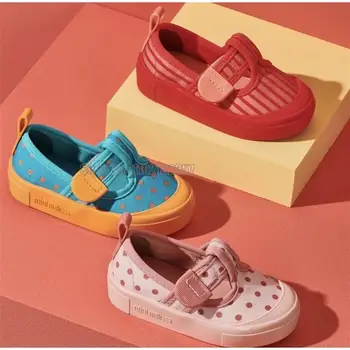 Новая осенняя детская парусиновая обувь для девочек в горошек с квадратным принтом Желейной принцессы для детского сада