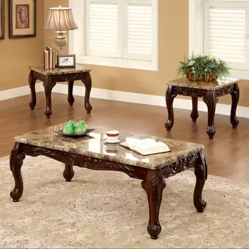 Столовый набор из 3 предметов, массив дерева, искусственный Мрамор, Традиционный обеденный стол Коричневый, слоновая кость