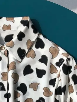 Топы-рубашки из 100% шелка с принтом в виде сердца, женская повседневная однобортная простая блузка с отложным воротником и длинным рукавом, лето 2023 г.