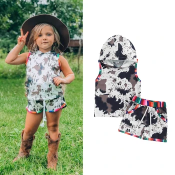 FOCUSNORM/ Летние повседневные комплекты одежды для маленьких девочек от 0 до 3 лет, 2 предмета, жилет с капюшоном с принтом коровы, топы + шорты, одежда
