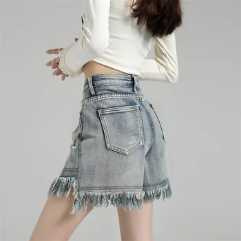 Поношенные винтажные поношенные шорты из грубой джинсовой ткани, женские летние Американские уличные повседневные свободные шорты с широкими штанинами для горячих девушек, женские