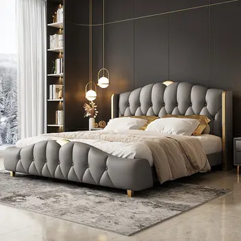 Итальянская легкая роскошная кожаная кровать, большая кровать в главной спальне, современная простая высококачественная атмосферная свадебная кровать, кожаная кровать