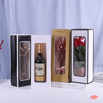 1000 шт./лот Оптовая продажа, Крафт-бумага, окно из ПВХ, Прозрачный пакет для вина с индивидуальным логотипом, Прямоугольная Подарочная упаковка для цветов