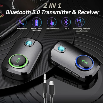 2 В 1 Bluetooth 5.0 Аудиопередатчик Приемник Громкой связи MP3-плеер 3,5 мм Разъем Aux Беспроводной адаптер для телевизора ПК Автомобильный FM-адаптер
