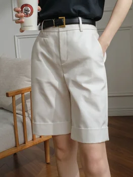 Шорты для женщин, прямые брюки с поясом, с высокой талией, длиной до колен, летние шорты для женщин, белые офисные модные женские шорты