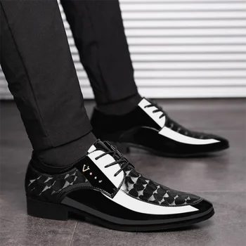 Мужская обувь, вечерние модельные туфли, черные туфли из лакированной кожи, мужские деловые повседневные туфли на шнуровке с острым носком для мужчин, Свадебная вечеринка, Офис