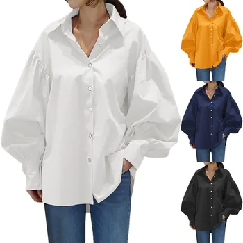 Повседневная рубашка ELIJOIN, повседневный топ с отворотом и рукавом-фонариком, винтажный однотонный топ 2022 года, женская офисная рубашка
