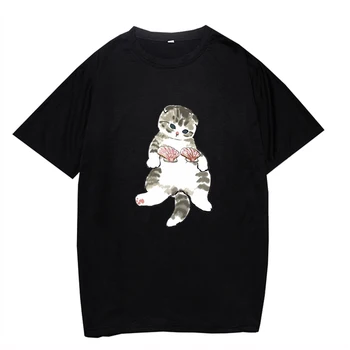 Классные летние мужские / женские топы, повседневная футболка с аниме с принтом кота, японская уличная рубашка плюс размер