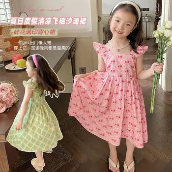 Новое летнее платье для девочек, детское модное платье принцессы с цветочным ремешком, Тонкая красивая одежда для маленьких детей