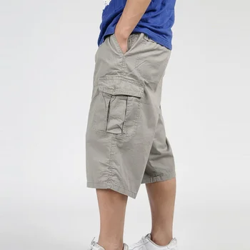Мужские брюки 3/4, летние мешковатые хлопковые брюки-карго длиной до икр, повседневные мужские брюки, большие однотонные, плюс размер XL-6XL
