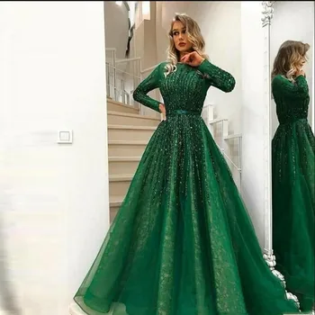 Зеленые мусульманские вечерние платья трапециевидной формы с длинными рукавами, тюль, кружево, расшитое бисером, длинное вечернее платье в исламском стиле из Дубая, Саудовской Аравии, арабского стиля