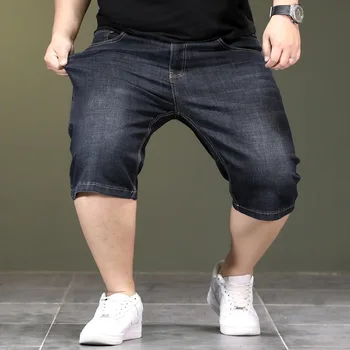 Летние тонкие джинсовые шорты большого размера с высокой талией, с глубоким вырезом в промежности, свободные мужские брюки среднего размера из 7 точек, черные шорты 46 48